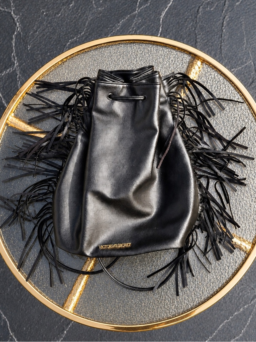 Victoria’s Secret Black Fringe Bucket Bag Drawstring Boho Western Y2K